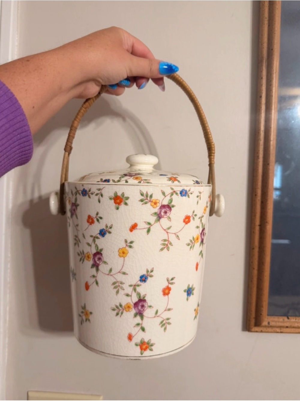 White Floral Ceramic Biscuit Jar with Woven Handle
